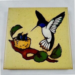 Cleo Teissedre Hummingbird Nest Ceramic Art Tile Trivet Wall Decor 4x4 BOHO CUTE